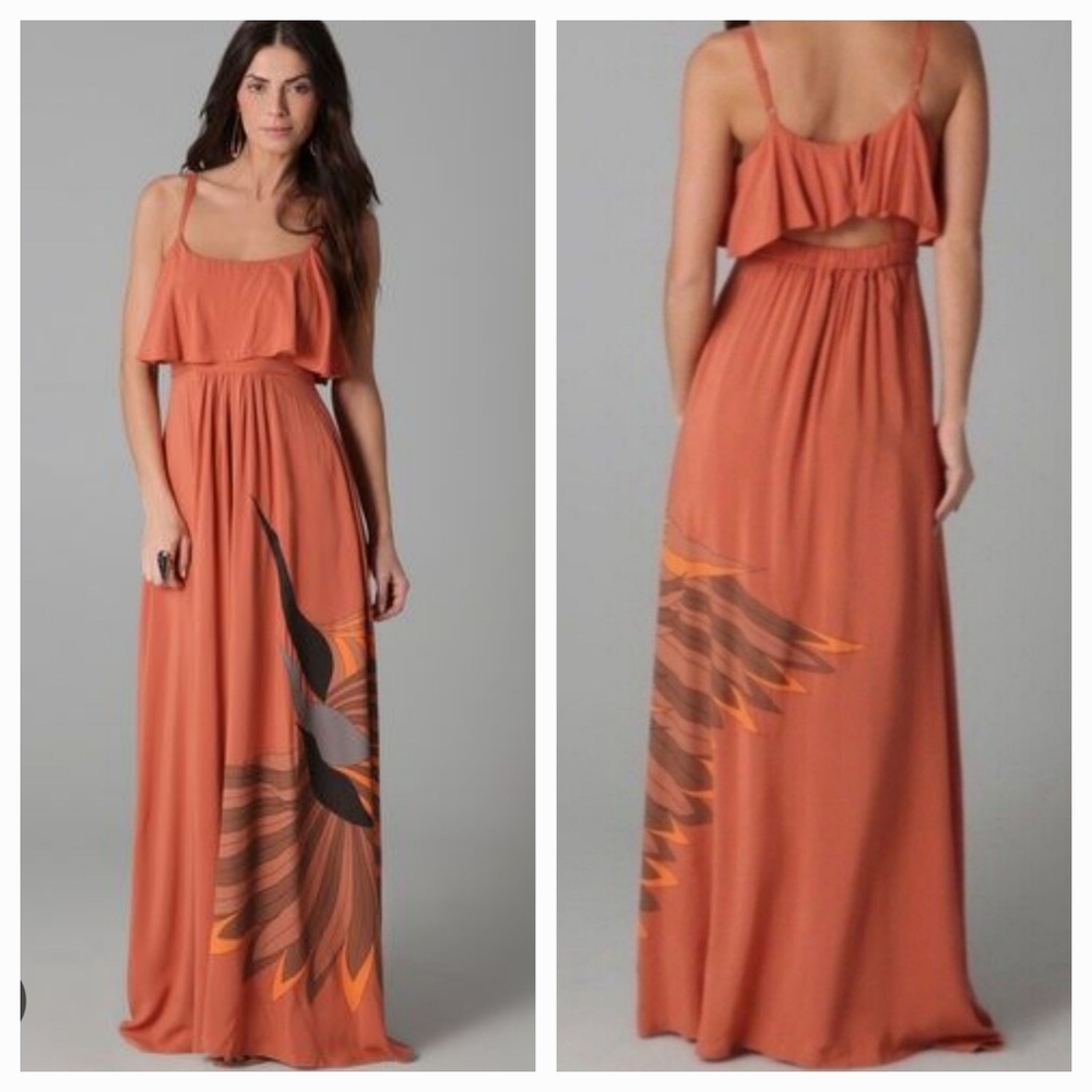 FREE PEOPLE Burnt Orange Thin Straps Flocks Of Birds Sienna Maxi Dress XS